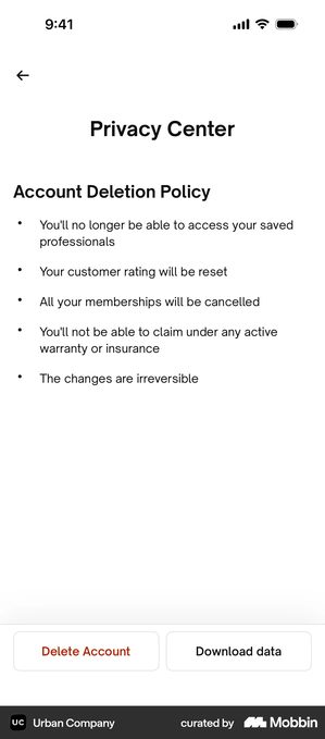 Urban Company Privacy Center screen with a heading reading Account Deletion Policy over five bullets: you'll no longer be able to access your saved professionals, your customer rating will be reset, all your memberships will be cancelled, you'll not be able to claim under any active warranty or insurance, and the changes are irreversible. Two buttons sit at the bottom, Delete Account in red and Download data
