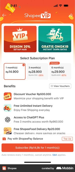 Shopee VIP subscription screen in Indonesian on an orange background. Two cards read DISKON 20% SETIAP HARI and GRATIS ONGKIR INSTANT TANPA BATAS. Under the heading Select Subscription Plan sit three options: 1 month at Rp14.900, 3 months at Rp28.900 struck through from Rp44.700 with a minus 35% tag, and 6 months at Rp29.900 struck through from Rp89.400 with a minus 67% tag and a PROMO flag. A benefits list follows with a discount voucher worth Rp500.000, free unlimited instant delivery and access to ChatGPT Plus. A row reads Pay with ShopeePay Balance beside a Top Up link, and the orange button reads Subscribe Rp14,9k for 1 months, above a line reading auto renews every 1 months, cancel anytime, S and K applies