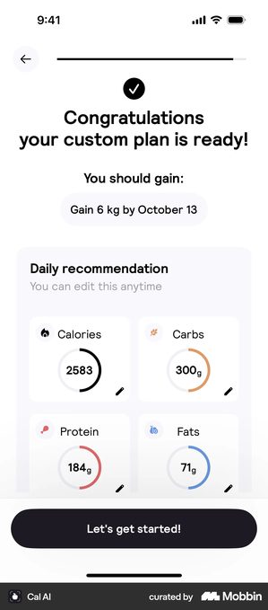 Cal AI screen with a completed progress bar and a black tick, headed Congratulations your custom plan is ready. Under the line You should gain sits a pill reading Gain 6 kg by October 13. A Daily recommendation panel subtitled You can edit this anytime shows four dials with pencil icons: Calories 2583, Carbs 300g, Protein 184g and Fats 71g, above a black button reading Let's get started