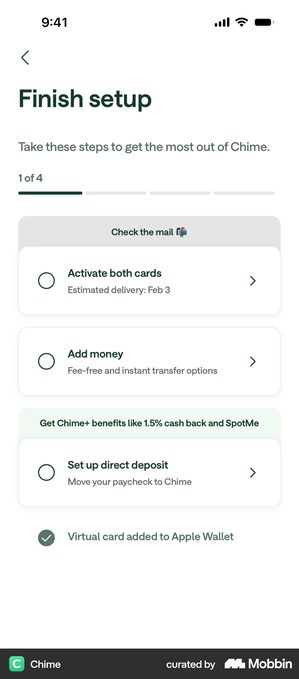 Chime Finish setup screen with a 1 of 4 segmented progress bar, a Check the mail group holding Activate both cards and Add money, a Get Chime plus benefits group holding Set up direct deposit, and a ticked Virtual card added to Apple Wallet below the list