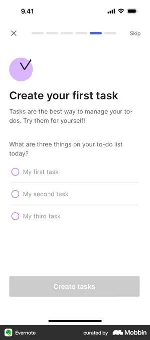Evernote onboarding screen headed Create your first task, asking What are three things on your to-do list today, with three rows carrying the placeholder text My first task, My second task and My third task, a greyed-out Create tasks button, a progress bar and a Skip link in the top right
