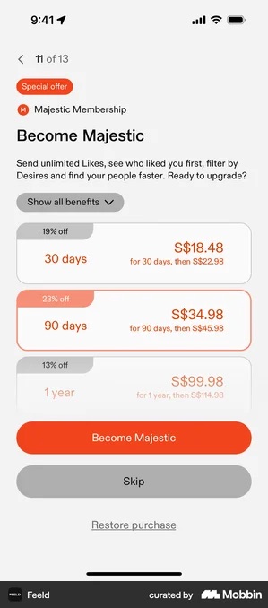 Feeld paywall headed Become Majestic, showing a step counter reading 11 of 13, three plan cards for 30 days, 90 days and 1 year with discount badges, an orange full-width Become Majestic button, a grey full-width Skip button directly beneath it, and an underlined Restore purchase link
