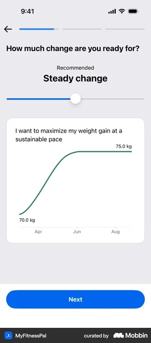 MyFitnessPal onboarding screen headed How much change are you ready for, with a slider set to Steady change and a card below plotting a green curve from 70.0 kg to 75.0 kg across April, June and August, above a blue Next button