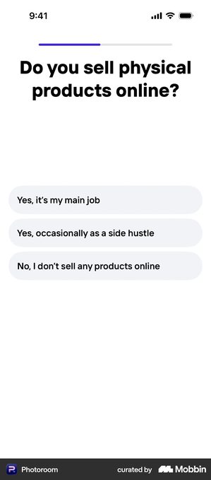Photoroom onboarding screen with a thin progress bar under half filled and no step count, the question Do you sell physical products online, three grey option pills, and no button anywhere on the screen