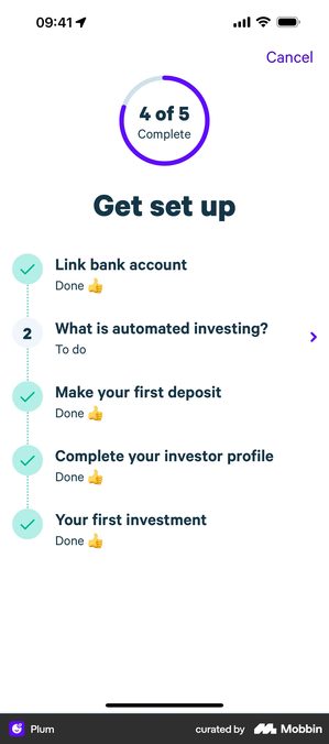 Plum Get set up screen with a 4 of 5 Complete ring and five steps, four marked Done and the second one, What is automated investing, marked To do