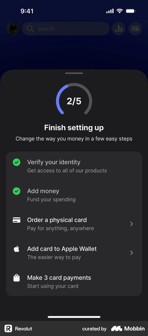 Revolut Finish setting up screen with a 2 of 5 progress ring and five steps: Verify your identity and Add money ticked green, then Order a physical card, Add card to Apple Wallet, and Make 3 card payments