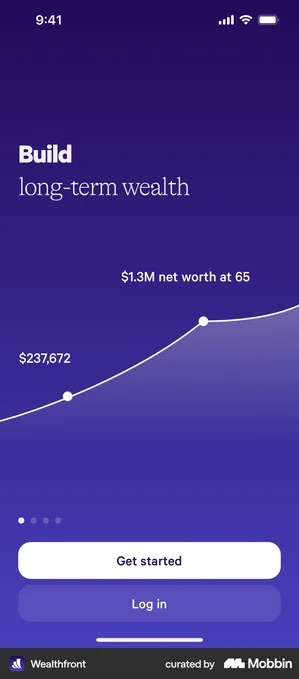 Wealthfront pre-signup carousel slide headed Build long-term wealth on a purple background, with a rising white line marked $237,672 and $1.3M net worth at 65, four carousel dots, a white Get started button and a Log in button below it