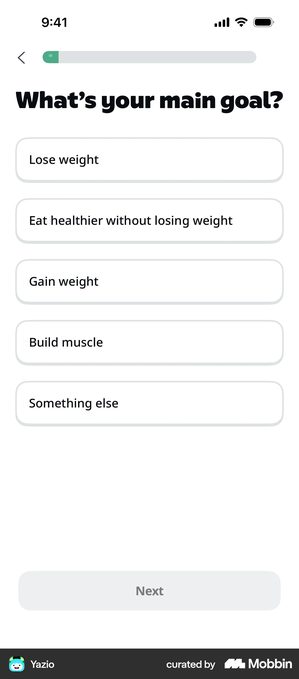 Yazio onboarding screen with a barely-filled progress bar, the question What's your main goal, and five outlined cards reading Lose weight, Eat healthier without losing weight, Gain weight, Build muscle and Something else, above a greyed-out Next button