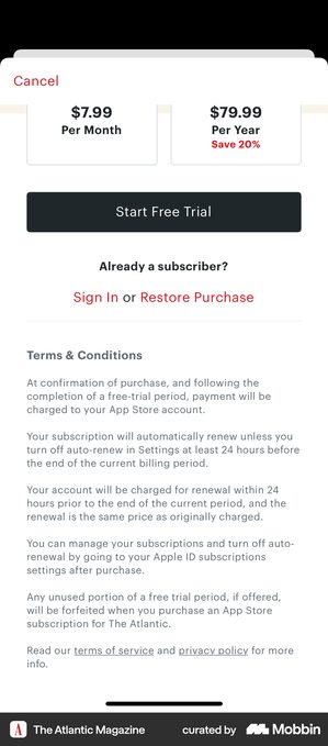 The Atlantic subscription screen scrolled down, showing a Terms and Conditions heading and five full paragraphs covering payment, automatic renewal, the renewal charge, managing the subscription and forfeiting an unused trial, with only terms of service and privacy policy as links