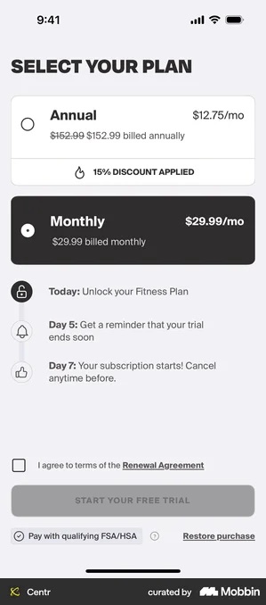Centr plan selection screen with annual and monthly options, a three-step trial timeline, an empty checkbox beside I agree to terms of the Renewal Agreement, and a greyed-out Start Your Free Trial button