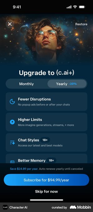 Character AI upgrade screen headed Upgrade to c.ai plus, with a Monthly and Yearly toggle and a feature list beginning Fewer Disruptions then Higher Limits, above a Subscribe button and Skip for now