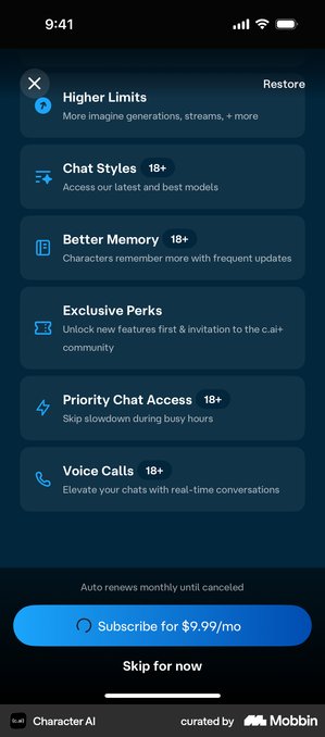 Character AI upgrade screen listing Higher Limits first, then Chat Styles, Better Memory, Exclusive Perks, Priority Chat Access and Voice Calls, with Skip for now under the price