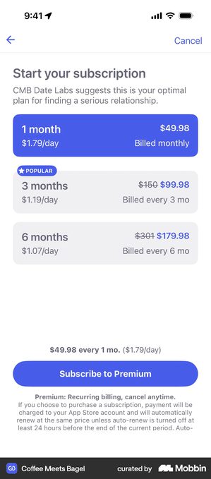 Coffee Meets Bagel subscription screen with three plans, one month at 49.98 dollars, three months at 99.98 struck from 150 with a POPULAR badge, and six months at 179.98 struck from 301, each showing a per-day figure