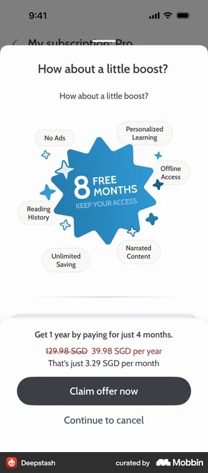 Deepstash sheet headed How about a little boost? with a blue starburst reading 8 FREE MONTHS KEEP YOUR ACCESS ringed by feature chips, then Get 1 year by paying for just 4 months, 129.98 SGD struck through beside 39.98 SGD per year and That's just 3.29 SGD per month, above a dark Claim offer now button with Continue to cancel as plain text below