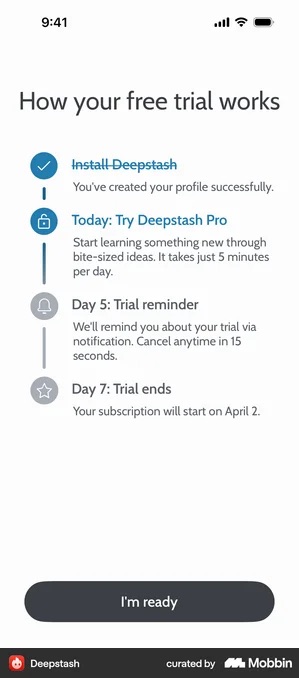 Deepstash screen headed How your free trial works, with a vertical four-step timeline: a ticked, struck-through Install Deepstash; Today, Try Deepstash Pro; Day 5, Trial reminder, with the note We'll remind you about your trial via notification, cancel anytime in 15 seconds; and Day 7, Trial ends, your subscription will start on April 2. A dark I'm ready button sits at the bottom.