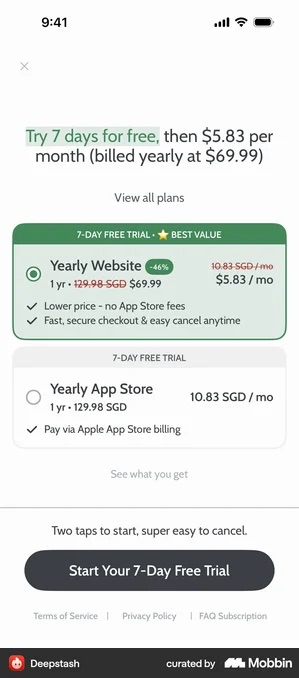 Deepstash paywall showing two yearly plans stacked vertically. The upper card is outlined and filled in green, pre-selected, labelled 7-DAY FREE TRIAL and BEST VALUE, headed Yearly Website with a minus 46 percent badge and a struck-through price beside 5.83 dollars per month. The lower card is grey and unselected, headed Yearly App Store at 10.83 SGD per month. Below both, the line Two taps to start, super easy to cancel, and a dark Start Your 7-Day Free Trial button.