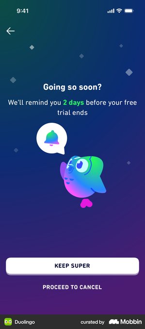 Duolingo cancellation screen reading Going so soon, we will remind you 2 days before your free trial ends, with Keep Super and Proceed to Cancel