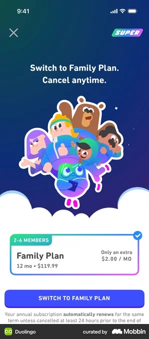 Duolingo screen headed Switch to Family Plan. Cancel anytime., with an illustration of five characters, a ticked card tagged 2-6 MEMBERS reading Family Plan, 12 mo dot $119.99 on the left and Only an extra $2.00 / MO on the right, and a purple SWITCH TO FAMILY PLAN button
