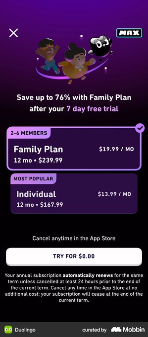 Duolingo hard paywall showing Family Plan and Individual plan with a 7 day free trial and a Try for $0.00 button
