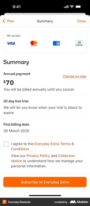 Everyday Rewards summary screen with three labelled rows separated by hairlines: Annual payment showing 70 dollars and billed annually until you cancel, 30 day free trial, and First billing date 30 March 2025, above an empty agreement checkbox and an orange Subscribe to Everyday Extra button