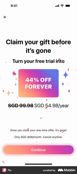 Flo one-time offer screen headed Claim your gift before it's gone, with the line Turn your free trial into above a gradient card reading 44% OFF FOREVER. SGD 99.98 is struck through beside SGD 54.98 per year. Below sit the lines Once you close your one-time offer, it's gone and Only SGD 4.58 per month, cancel anytime, above a gradient Continue button