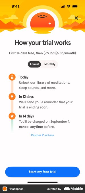 Headspace How your trial works screen showing Today, In 12 days and In 14 days steps with the charge date named