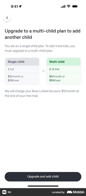Kit screen headed Upgrade to a multi-child plan to add another child, with a Single child card for 1 kid at 3 dollars a month and an arrow pointing to a green Multi child card for 2 to 5 kids at 5 dollars a month