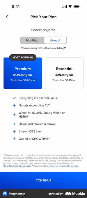 Paramount+ Pick Your Plan screen with a Monthly and Annual segmented control, Premium and Essential cards side by side, and one feature list below in which the first row has a tick reading Everything in Essential plus and the rest are marked with plus signs