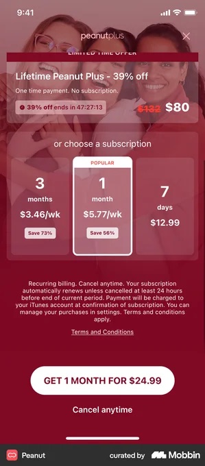 Peanut Plus paywall on deep red, a partly scrolled LIMITED TIME OFFER band above the line Lifetime Peanut Plus dash 39% off and One time payment. No subscription., a pill reading 39% off ends in 47:27:13, $132 struck through beside $80, then a panel headed or choose a subscription holding three cards reading 3 months $3.46/wk Save 73%, 1 month badged POPULAR $5.77/wk Save 56%, and 7 days $12.99, recurring-billing small print, a white button reading GET 1 MONTH FOR $24.99 and Cancel anytime under it