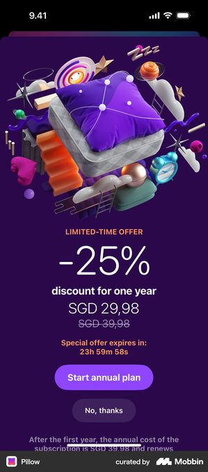 Pillow offer screen with a LIMITED-TIME OFFER band over minus 25 percent discount for one year, SGD 29,98 above a struck-through SGD 39,98, a countdown reading Special offer expires in 23h 59m 58s, a Start annual plan button and No thanks below it