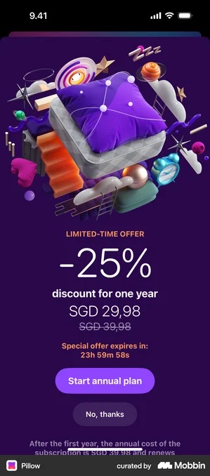 Pillow paywall on a purple background with an illustrated pillow, the words LIMITED-TIME OFFER above a large minus 25 percent, the line discount for one year, SGD 29,98 with SGD 39,98 struck through beneath it, a line reading Special offer expires in: 23h 59m 58s, a purple Start annual plan button, a No, thanks button below it, and small print beginning After the first year, the annual cost of the subscription is SGD 39,98 and renews