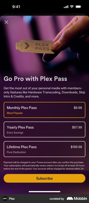 Plex Go Pro screen with Monthly, Yearly and Lifetime Plex Pass options each carrying a one line rationale