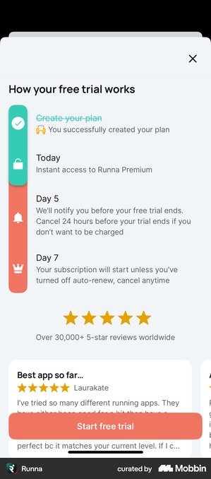 Runna free trial screen with Create your plan struck through and ticked, then Today, Day 5 and Day 7 steps, five stars and over 30,000 five star reviews