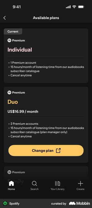 Spotify available plans screen with Individual, Duo and Family as stacked cards each with a bulleted specification