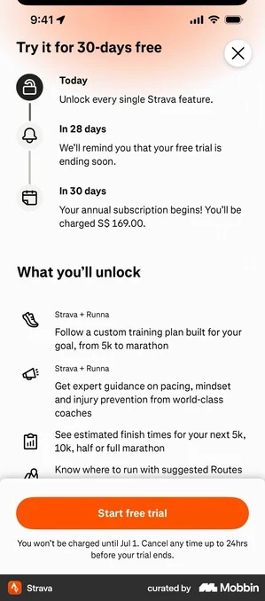 The same Strava paywall scrolled down. A three-step timeline reads Today, unlock every single Strava feature; In 28 days, we will remind you that your free trial is ending soon; In 30 days, your annual subscription begins and you will be charged S$169.00. Below it a What you will unlock feature list with four icon rows, and the pinned Start free trial button with the line You won't be charged until Jul 1. Cancel any time up to 24hrs before your trial ends.