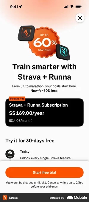 Top of the Strava paywall: an orange badge reading UP TO 60% SAVINGS above the heading Train smarter with Strava plus Runna, a black price card labelled 30-days free showing S$169.00 per year and 14.08 dollars per month, and beneath it the heading Try it for 30-days free with the first timeline step, Today, cut off by a pinned orange Start free trial button.