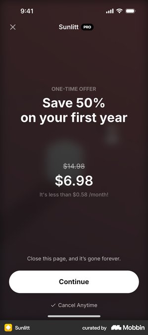 Sunlitt one-time offer screen, Save 50% on your first year, with the line Close this page and it's gone forever