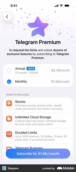 Telegram Premium screen with annual plan at 45 percent off, monthly plan selected, and a list of included features