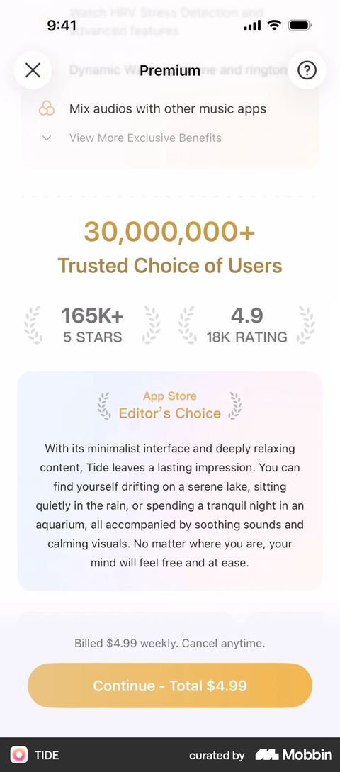 TIDE paywall variant with the same 30,000,000+ Trusted Choice of Users headline but two different laurels reading 165K+ 5 STARS and 4.9 18K RATING, above the same Editor's Choice card