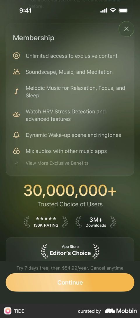 TIDE paywall variant with 30,000,000+ Trusted Choice of Users above two laurels reading 130K RATING and 3M+ Downloads, with an App Store Editor's Choice card beneath