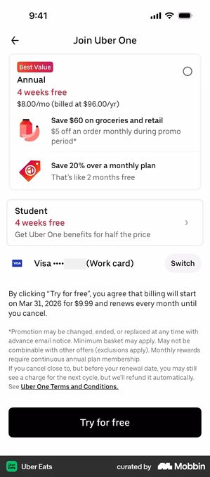 Uber Eats plan selection screen headed Join Uber One, with an Annual Best Value card offering 4 weeks free at 8 dollars a month, a Student option, a saved Visa card, and a black Try for free button at the foot