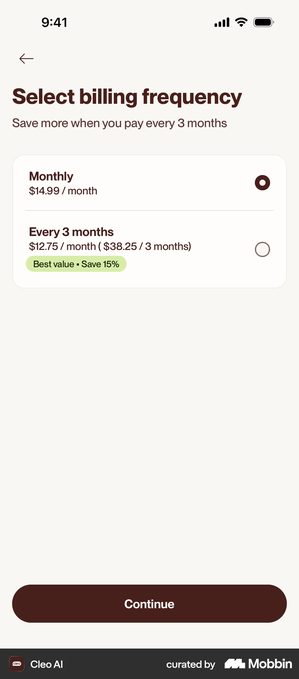 Cleo AI screen headed Select billing frequency with the subhead Save more when you pay every 3 months, a Monthly option at 14.99 a month and an Every 3 months option at 12.75 a month carrying a Best value Save 15 percent pill