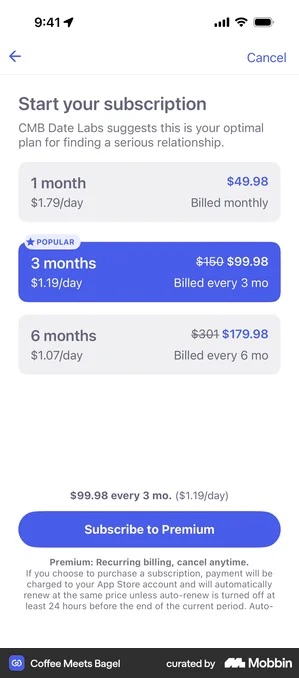 Coffee Meets Bagel Start your subscription screen with three plan rows: 1 month at $49.98, $1.79/day, billed monthly; a blue-filled 3 months row badged POPULAR showing $150 struck through beside $99.98, $1.19/day, billed every 3 mo; and 6 months showing $301 struck through beside $179.98, $1.07/day, billed every 6 mo, above a Subscribe to Premium button