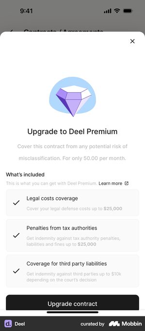 Deel Premium upgrade screen listing legal costs coverage up to 25,000 dollars, penalties from tax authorities up to 25,000 dollars and coverage for third party liabilities up to 10k, above an Upgrade contract button