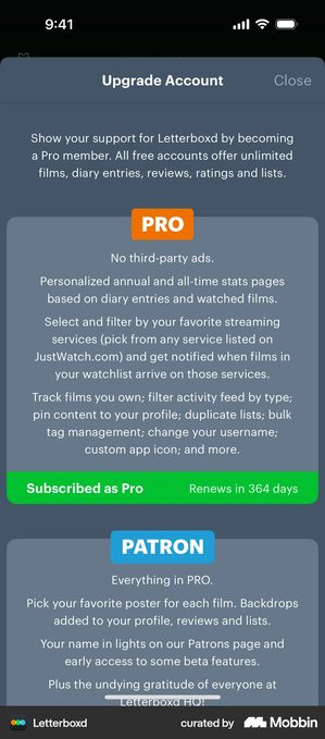 Letterboxd Upgrade Account screen with a PRO plan card whose foot is a green bar reading Subscribed as Pro on the left and Renews in 364 days on the right, above a PATRON card
