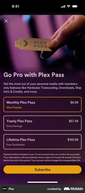 Plex Go Pro with Plex Pass screen over a photograph of a hand holding a Plex Pass ticket: three stacked plan cards, Monthly Plex Pass $6.98 labelled Most Popular in an amber-outlined tinted card, Yearly Plex Pass $57.98 labelled Extra Savings, and Lifetime Plex Pass $199.98 labelled Pure Dedication, above billing terms text and an amber Subscribe button