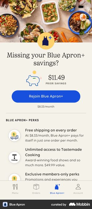 Blue Apron screen headed Missing your Blue Apron plus savings, with a piggy bank illustration beside the figure 11 dollars 49 labelled PRIOR SAVINGS, a blue button reading Rejoin Blue Apron plus with 8 dollars 33 a month underneath, and a list of perks beginning Free shipping on every order