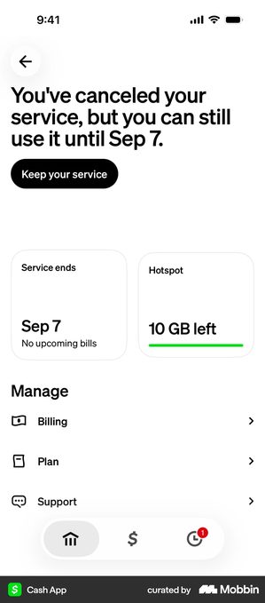 Cash App screen headed You've canceled your service, but you can still use it until Sep 7, with a black button reading Keep your service. Below sit two cards, one reading Service ends Sep 7 with the line No upcoming bills, the other reading Hotspot 10 GB left with a green progress bar, and a Manage list with rows for Billing, Plan and Support