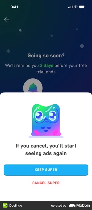 Duolingo sheet showing a sad character and the line If you cancel, you'll start seeing ads again, with a blue filled KEEP SUPER button and CANCEL SUPER in red text below it