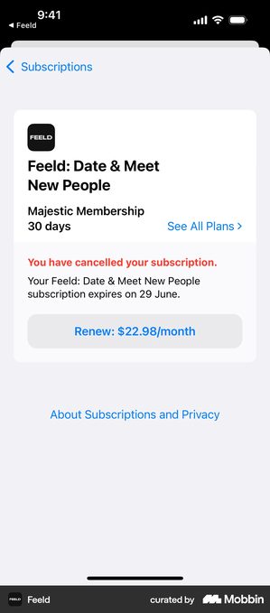 Feeld subscriptions screen showing a card with the app icon, the plan name Majestic Membership 30 days and a See All Plans link. In red, You have cancelled your subscription, then the line Your Feeld subscription expires on 29 June, and a grey button reading Renew 22 dollars 98 per month, with a link below reading About Subscriptions and Privacy